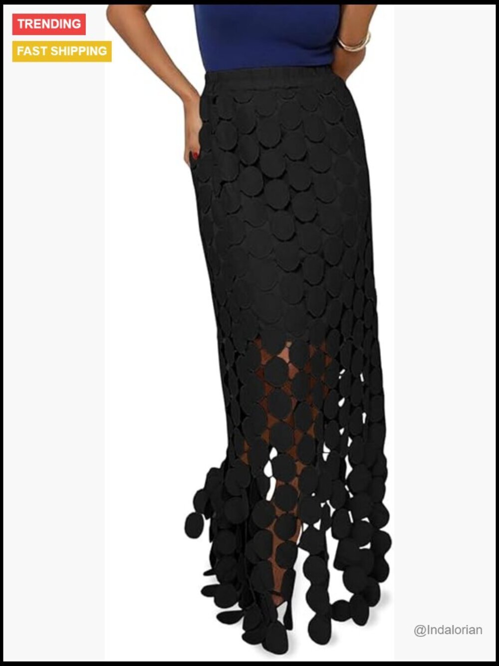Hollow Out Maxi Skirt High Waisted Boho Fringe Hem Summer Long Skirt